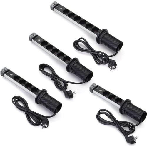 EU Plug 3/4/5/6 Power Kitchen Table Pull Up Electrical Socket Desktop Sockets 1 Led+2 charge USB Aluminum Shelf Silver/Black