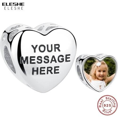 Authentic 925 Sterling Silver Heart Charm Bead Engrave Name & Custom Photo Charms Fit Original Bracelets DIY Jewelry Memory Gift