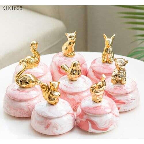 Pink Ceramic Candy Jar Marble Pattern Jewelry Box Cute Animal Tea Airtight Jar Kitchen Storage Container with Lid Home Ornaments
