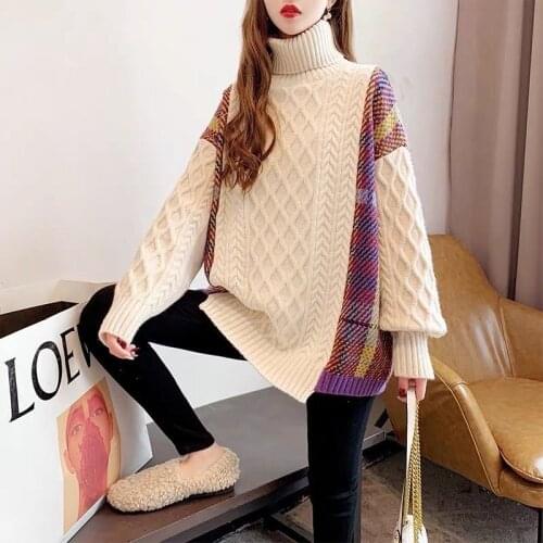 Womens Plaid Autumn Winter Sweater Lapel Twist Loose Slim Pullover Patchwork Casual Cashmere Knit Sweater 2021 New