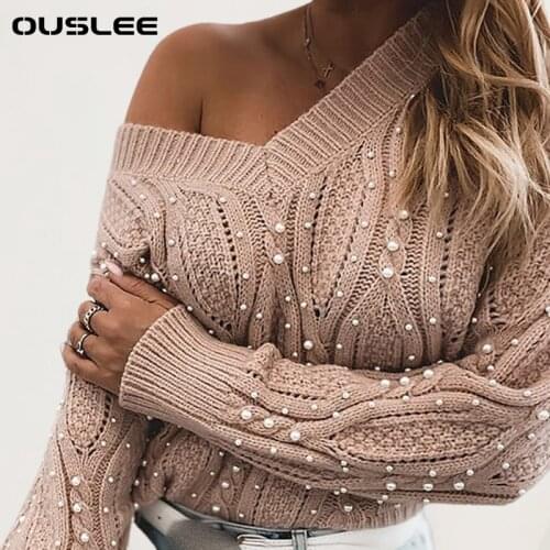 OUSLEE Sweater Women Oversized Solid Cut-out Lace-up Long Sleeve Beaded Knitted Sweaters Female Elegant V Neck Pink Pullover Top