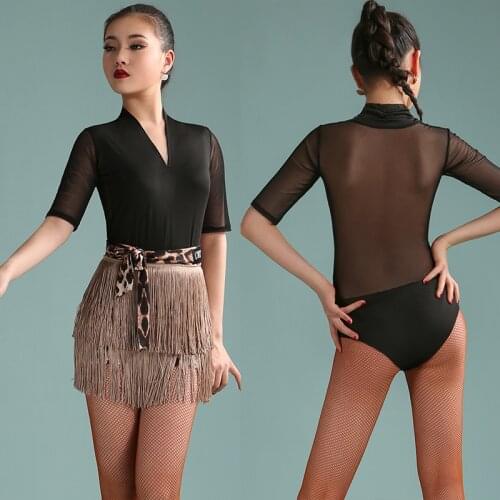 Sexy Latin Dance Tops Female Mesh Backless Bodysuit Ballroom Dancing Blouse Women Samba Rumba Clothes Wear Black Shirts BL5552