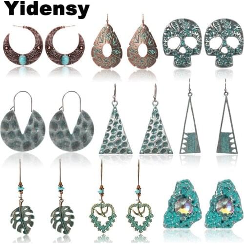 Yidensy Fashion Ethnic Drop Earrings Boho Big Leaf Bird Halloween Skull Head Waterdrop Triangle Geometric Pendant Earrings Women