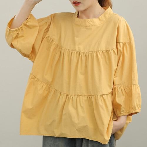 2021 Summer New Lantern Sleeve Womens Lazy Style Stitching White Blouse Round Neck Loose Oversized Lady Pullover Shirts aq800