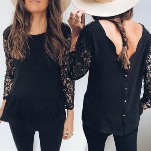 2020 Women Clothing Ladies Black lace Tops Women Elegant Long Sleeve Sexy V Neck T Shirts Femme Two Side Wear Tee Shirt Tops