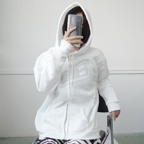 2021 Autumn Winter Rhinestone Letter Print Women Y2k Long Sleeve Sweatshirt Hoodis Zipper Loose Oversized Streetwear Casual Tops