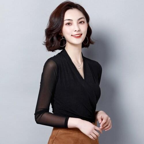 Womens Spring Autumn Style Mesh Shirt Womens Elegant Polka Dot V-Neck Long Sleeve Slim Casual Tops DD8598