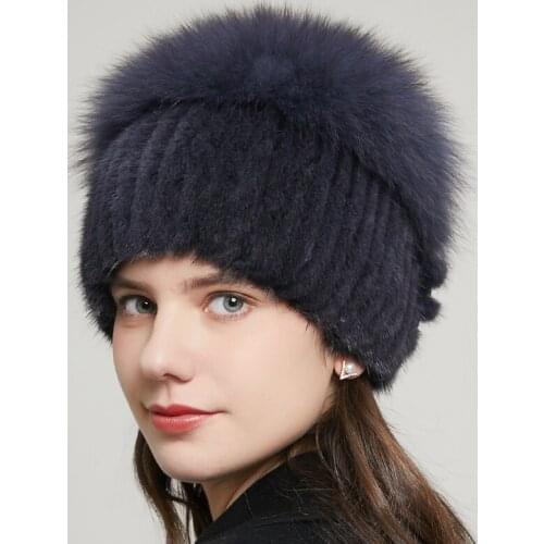 Ladies Winter Mink Fur Hat Knitted Real Mink Fur Fox Fur Cap Female Russian Warm Wool Hat Good Ladies Fur Cap 20GYR-03