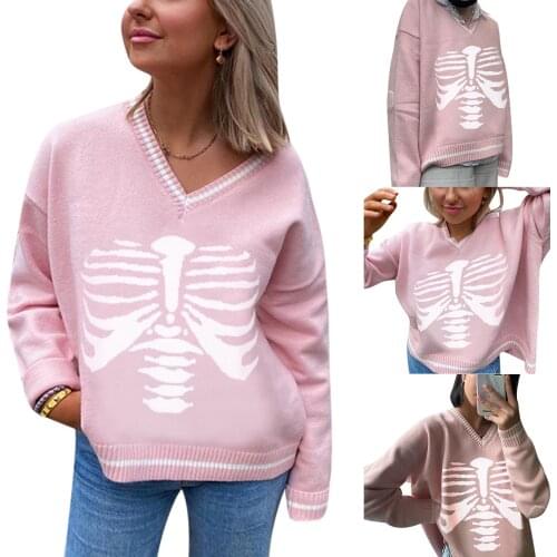 Women Summer Fashion Trendy Knit Sweater Adults Preppy Style Skeleton Print Long Ladies Sleeve V-neck Pullover T-shirt Tops