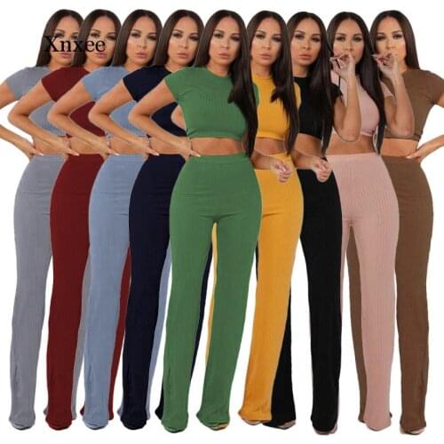 Women Knitted Long Sleeve O-Neck Crop Top Wide Leg Pants 2 Piece Set for Female Women Tops Pants Two Pieces Sets Womens Suits