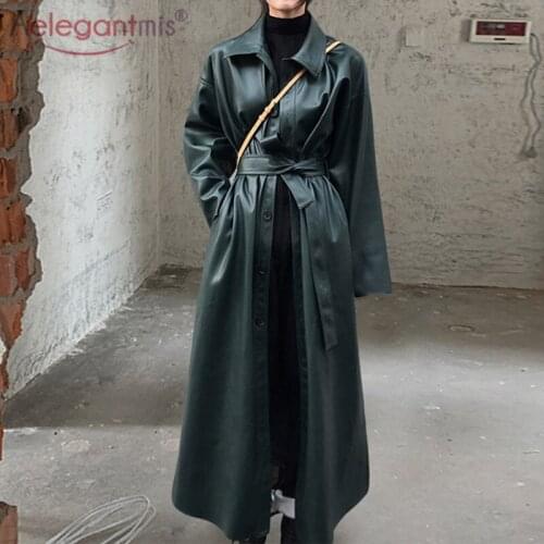 Aelegantmis Korean Long Oversized PU Leather Jacket Women Belt Vintage High Street Causal Faux Leather Trench 2021 Fashion Coats
