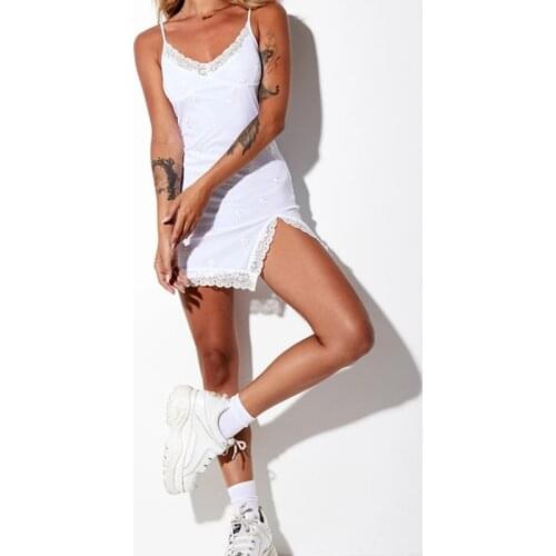 Daisy Print Floral Club Beach Dress Sexy bodycon Lace V-Neck Spaghetti Strap Women Summer Mini Beach Slit Dress Streetwear motel