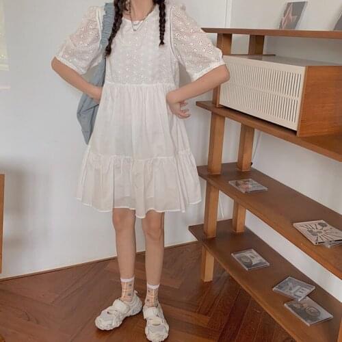 2021 Summer Korean Cute Lolita Vintage Dress Style Hollow Embroidered Flowers Loose And Small Temperament Solid Color OP Dress