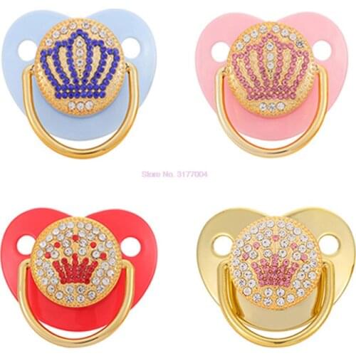 100pcs Crown Rhinestones Bling Gold Pacifier Baby Dummy Infant Lollipop Chupeta