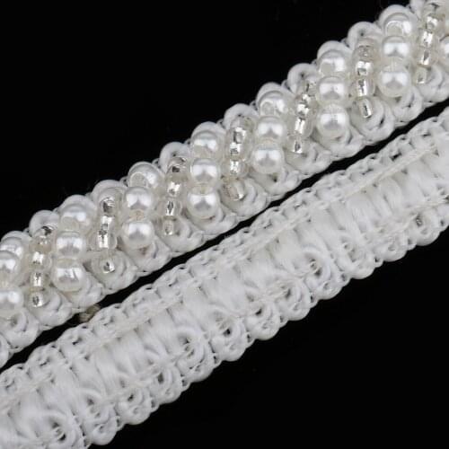 1yd Pearl Beaded Lace Trims Applique Ribbon Sewing Craft Embellishment White