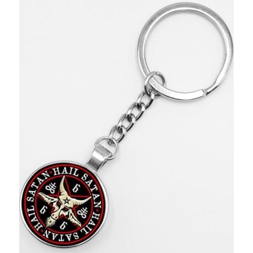 2019/ New Retro Silver Five-pointed Star Keychain Red Goat Head Glass Dome Pendant Baphomet Key Ring Gothic Jewelry