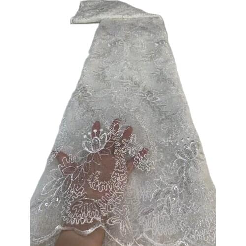 Latest African Lace Fabric With Sequins 2021 French Tulle Lace Fabric Embroidery Nigerian Mesh Lace For Bride Party Dress White