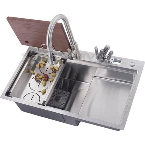 304 Stainless Steel Kitchen Sink With knife holder Vegetable Washing Basin Cutting Board Strainer Downpipe High and Low Sink