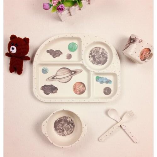 5pcs/set Bamboo Fiber Children Tableware Set Baby Feeding Plates Dishes Bowl With Cup Fork Spoon Cartoon Animal Kids Dinnerware