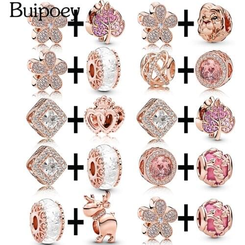 Buipoey 2PCS Rose Gold Sven Elk Murano Glass Beaded Charm Bracelet Bangle For Women Fit Brands Snake Chain Necklace Jewelry