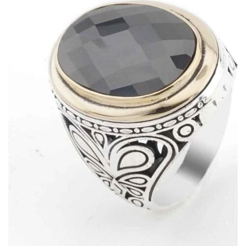 Black Zircon Oval Stone Silver Men 'S Ring