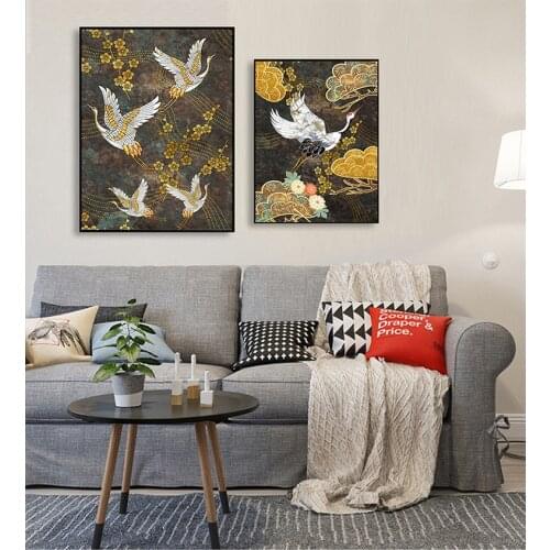 Decorative Poster On The Wall Aesthetic Room Decor Chinese Ancient Style Animal Canvas Painting Golden Flowers Crane Abstract