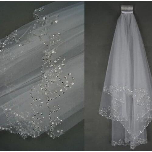 Wedding Bridal Veil 2 Layer Hand Croissant Beaded Bridal edge Accessories Veil White and Ivory color