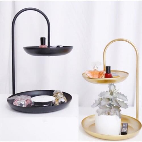 Nordic Golden Double-layer Storage Tray Dressing Table Rack Makeup Jewelry Display Tray Cosmetic Organizer Dessert Snack Plate