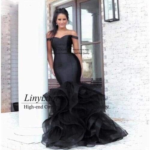 Elegant Black Mermaid Long Prom Dresses Ruffles Organza Off The Shoulder Sexy Formal Evening Dress Plus Size robes de soirée
