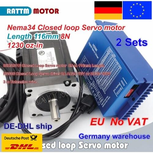 EU ship 2 sets Nema34 L-116mm Closed Loop Servo motor 8N.m Motor 6A & HSS86 Hybrid Step-servo Driver 8A CNC Controller Kit