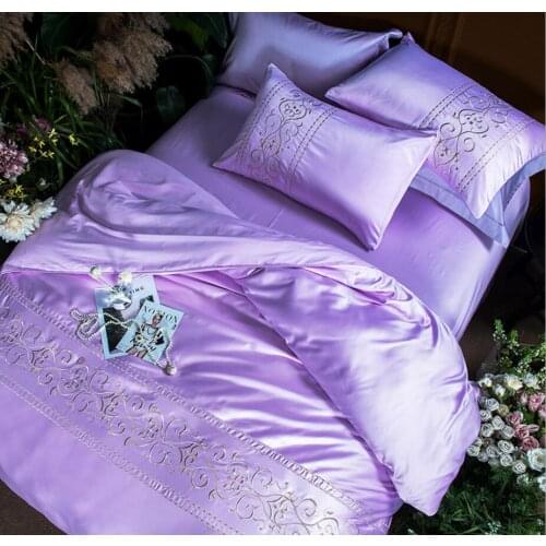 Embroidered Satin Bedding Sets King Queen Size 4pcs Solid Bed Set Purple Imitated Silk Duvet Cover Bed Sheet Cotton Home Textile
