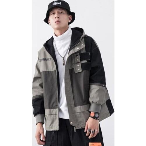 Hooded Color Block Jacket 2019 Autumn Casual Windbreaker Vintage Mens Coats Cargo Track Hoodie Coats Streetwear Hiphop KK3154