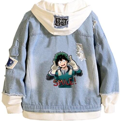 My Hero Academia Women Jeans Jacket Midoriya Izuku Anime Denim Hooded Streetwear Boys Hoodies Couple Harajuku Long Sweatshirt