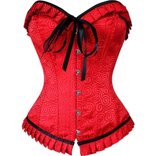 Fashion Victorian Red Jacquard Boned Lace Up Waist Cincher Overbust Corset for Women Pleated Trim Corset top