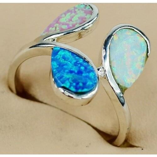 Fleure Esme Bohemia White blue pink mix opal Engagement Wedding rings jewelry for men and women Rhodium plated R3568 size 6 7 8