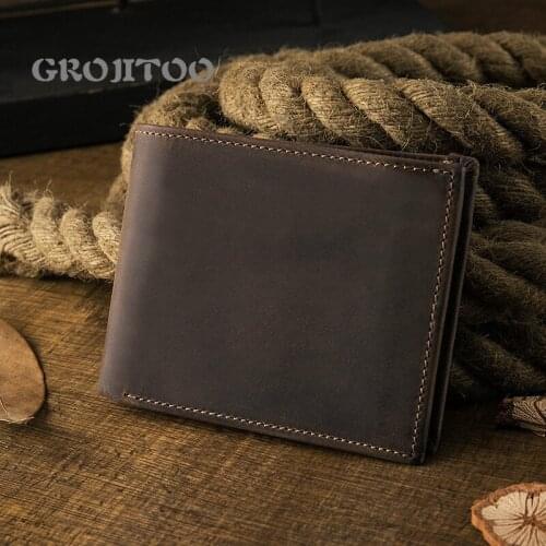 GROJITOO Handmade Crazy Horse leather mens short wallet youth cowhide wallet genuine leather large capacity mens bag
