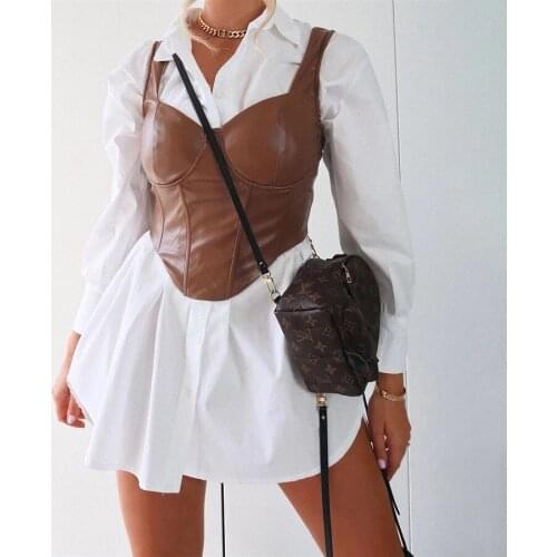 Sexy Tank Push Up Brown Corset Crop Tops Women Club Party Sleeveless Female Backless Faux PU Leather Vest clothes