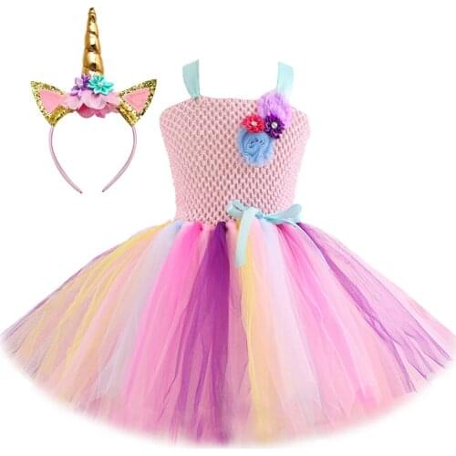 Unicorn Tutu Dress for Girls Princess Unicorns Costumes for Kids Girl Birthday Dresses with Flower Headband Child Clothes 1-12Y