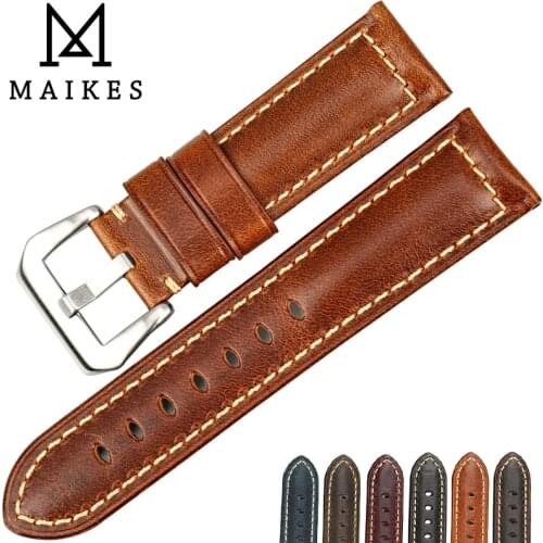 MAIKES High Quality Watchband Brown Vintage Oil Wax Leather Strap Watch Band 20mm 22mm 24mm 26mm Watch Accessories For Panerai