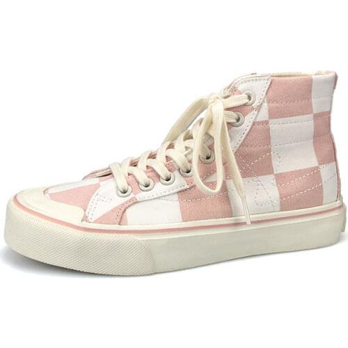 Pink plaid high top canvas shoes female white shoes student checkered plats shoes 2021 new board shoes stitching shoes