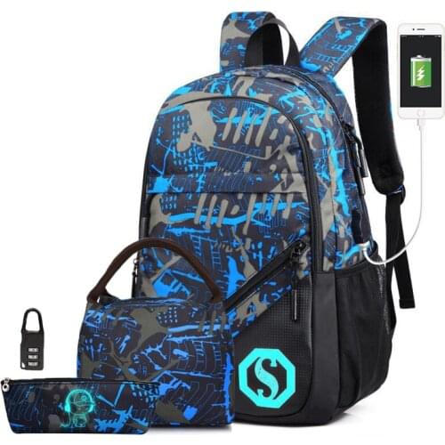 Boy 20L Anti-thief School Bags for Teenage Boys Florescent Printed Childrens Backpack School Bookbag Set Travel Daypack