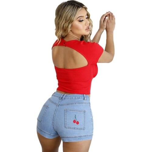 Women Retro Embroidered Jeans Short Casual Solid High Elastic Mid Waist Denim Shorts Summer Sexy Slim Washed Skinny Female Short