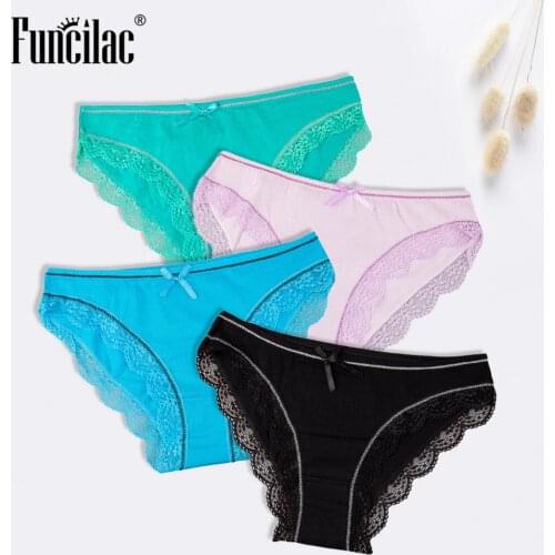 FUNCILAC Cotton Panties for women Sexy Lace Women Underwear Female Lingerie Ladies Intimate Briefs Solid Bow Low-Rise 4 pcs/set