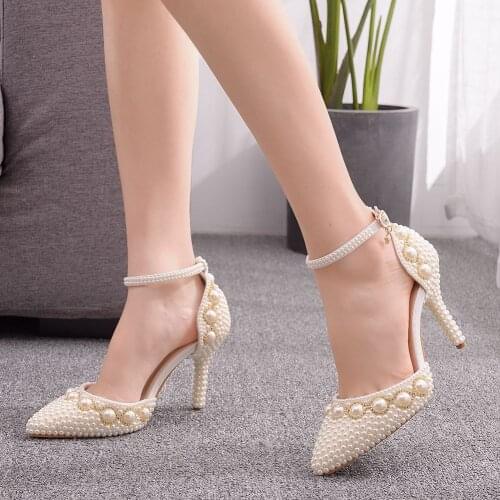 Fashion Women Shoes High Heels Pumps Female Concise Designer High Heels Pumps Beaded chain rhinestone sandals Leather Wedding