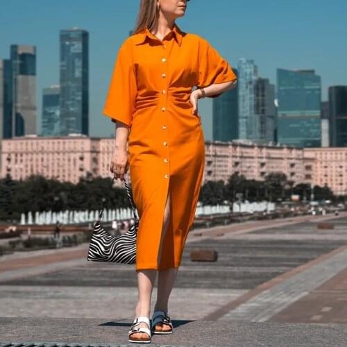 XEASY Women Chic Fashion Lapel Button-up Draped Midi Dress Vintage Short Sleeve Female Office Lady Elegant Party Dresses