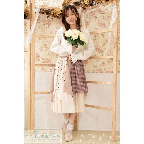 Japanese Mori Girl Hippie Boho Vintage Retro Plaid Polka Dot Cotton Linen Chiffon Patchwork Double Layer Women Autumn Fall Skirt