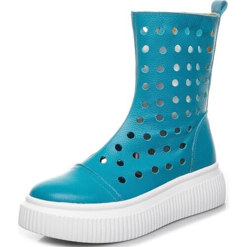 Gykaeo Genuine Leather Womens Cutout Boots 2020 Summer Fashion Style Women Shoes Ladies Trainers Footwear Plus Sizes