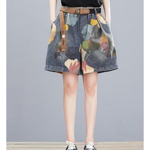 Plus Size Womens Pants Retro Literary Print Jeans Elastic Waist Wide-leg Pants Shorts Casual Loose Summer Shorts Woman Shorts