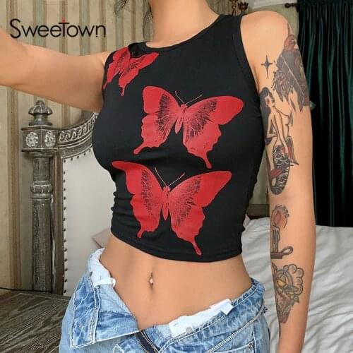 Sweetown 2021 Summer Butterfly Print Y2K Crop Top Women Sleeveless Casual Off Shoulder Corsets Beach Fashion Party Tank Tops
