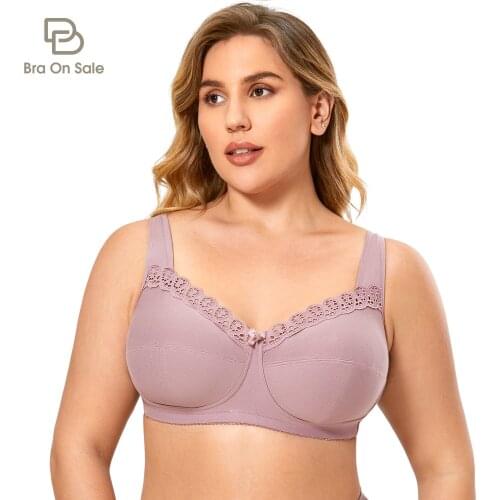 Womens Soft Full Coverage Lace Wire Free Non Padded Cotton Bra Plus Size